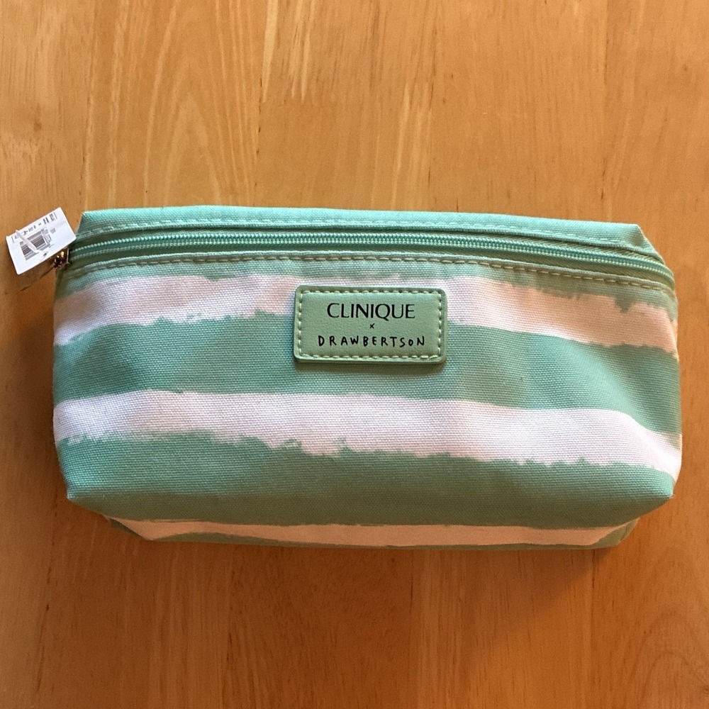Clinique x Drawbertson Mint Green/White Striped Zipper Makeup Bag Cosmetic Pouch